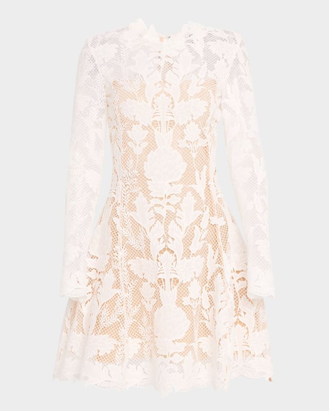 Long-Sleeve Artichoke Guipure Mini Dress